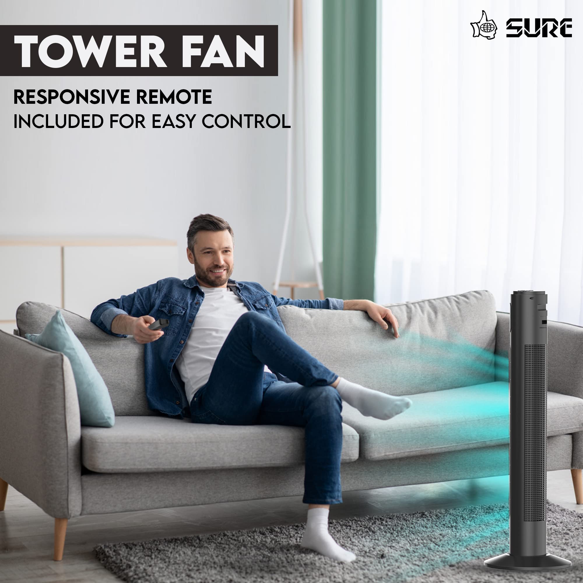 Sure Tower Fan with Remote Control, Bladeless Powerful with 3 Speeds, Timer Function, Standing Oscillating Fan for Home, Bedroom & Office, Black شور تعمل على كهرباء- مراوح ارضيه Sure Tower Fan with Remote Control, Bladeless Powerful with 3 Speeds, Timer Function, Standing Oscillating Fan for Home, Bedroom & Office, Black شور تعمل على كهرباء- مراوح ارضيه